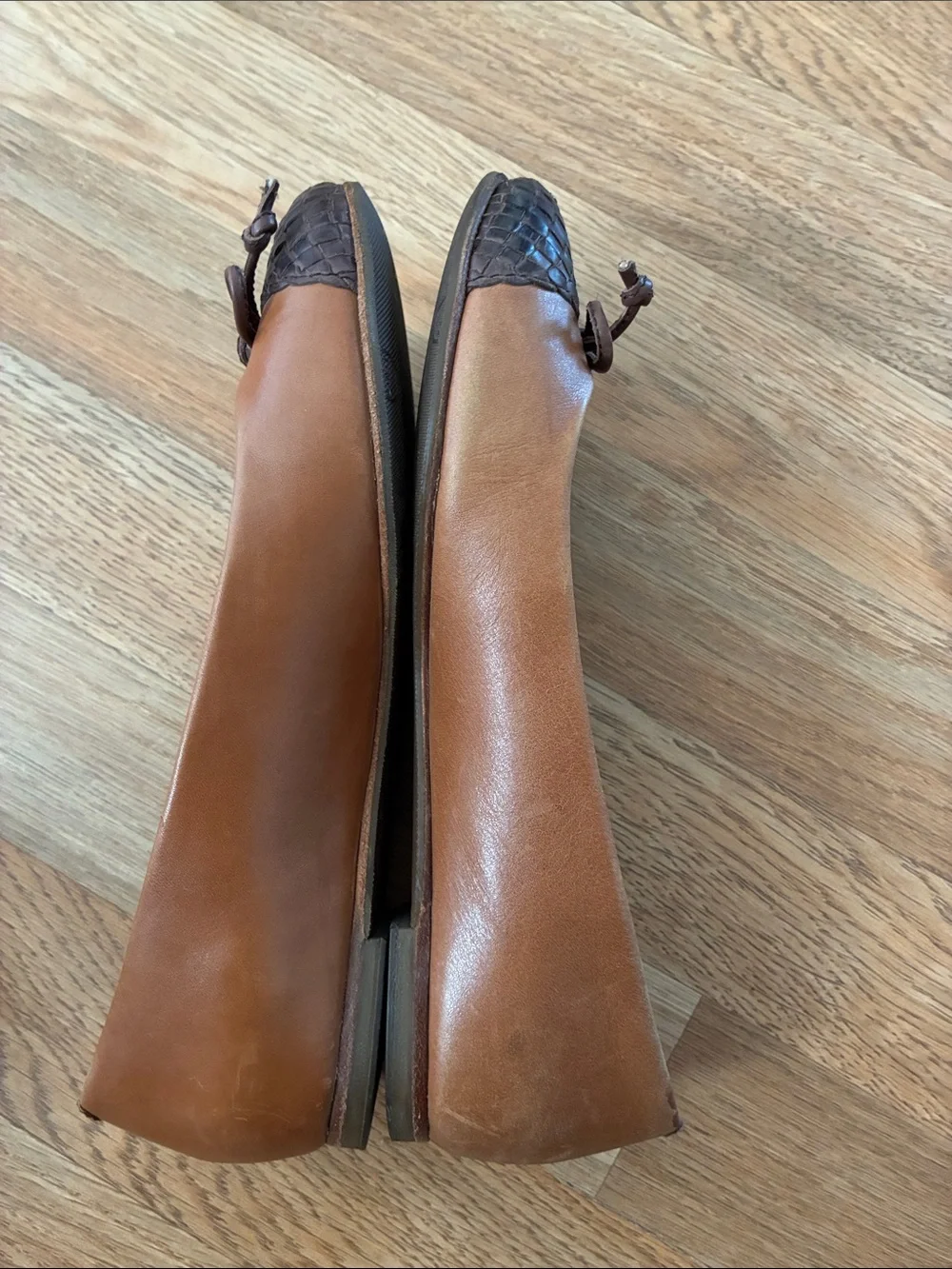 Cole Haan Tan Leather Ballet Flats with Dark Brown Woven Toe